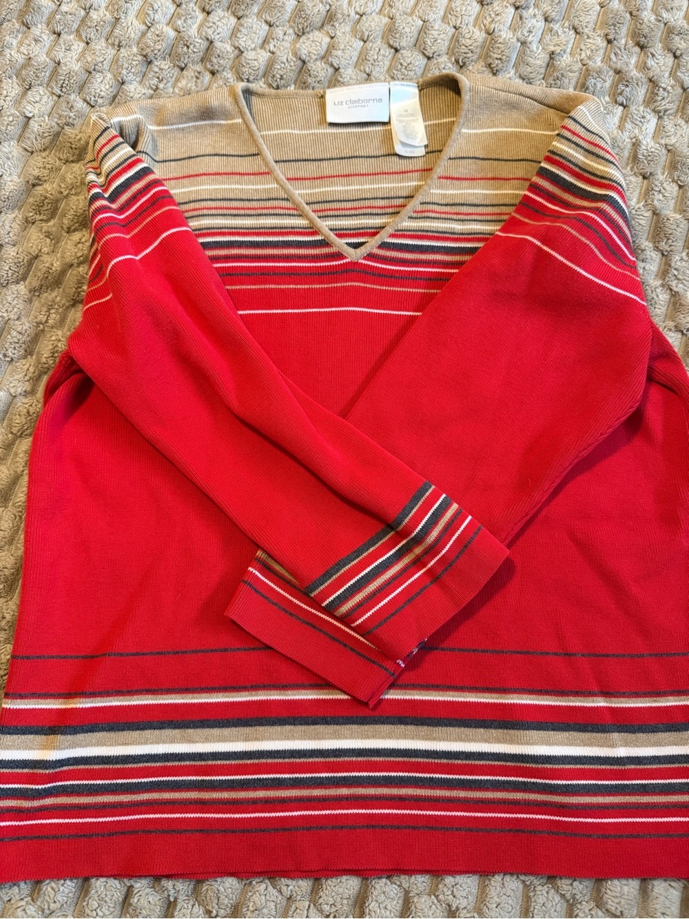 Vintage Liz Claiborne 3/4 length sleeves Red Striped V-Neck Women’s Sweater
